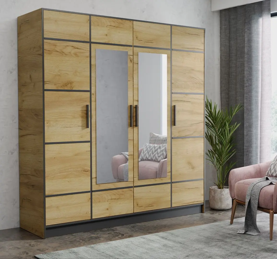 Dulap Prime Furniture Roj 4D 207 with decorative stripes (Craft Golden Oak/Black)