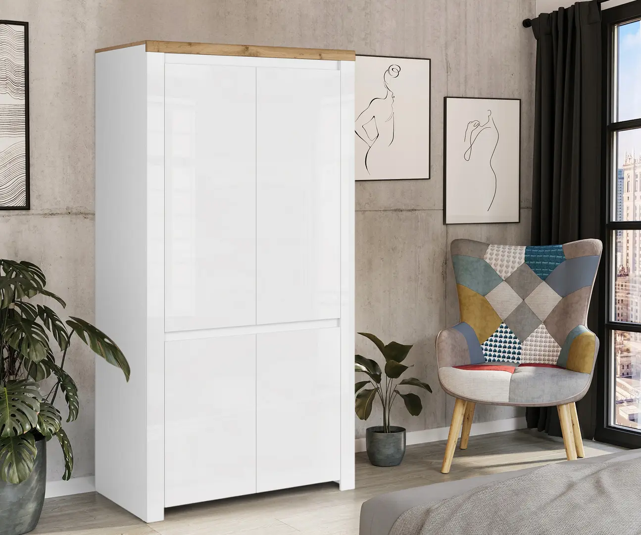 Шкаф Tempo Kondela Vilgo 4D (Glossy White/Wotan Oak)