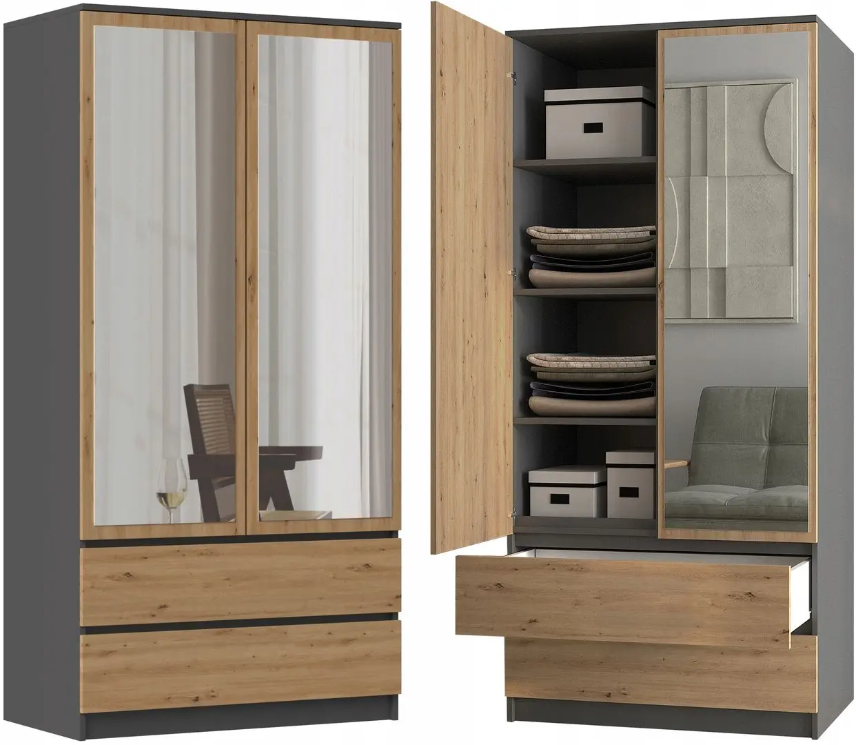 Dulap TopEshop Malwa SS-90 cu oglinda (Anthracite/Artisan Oak)