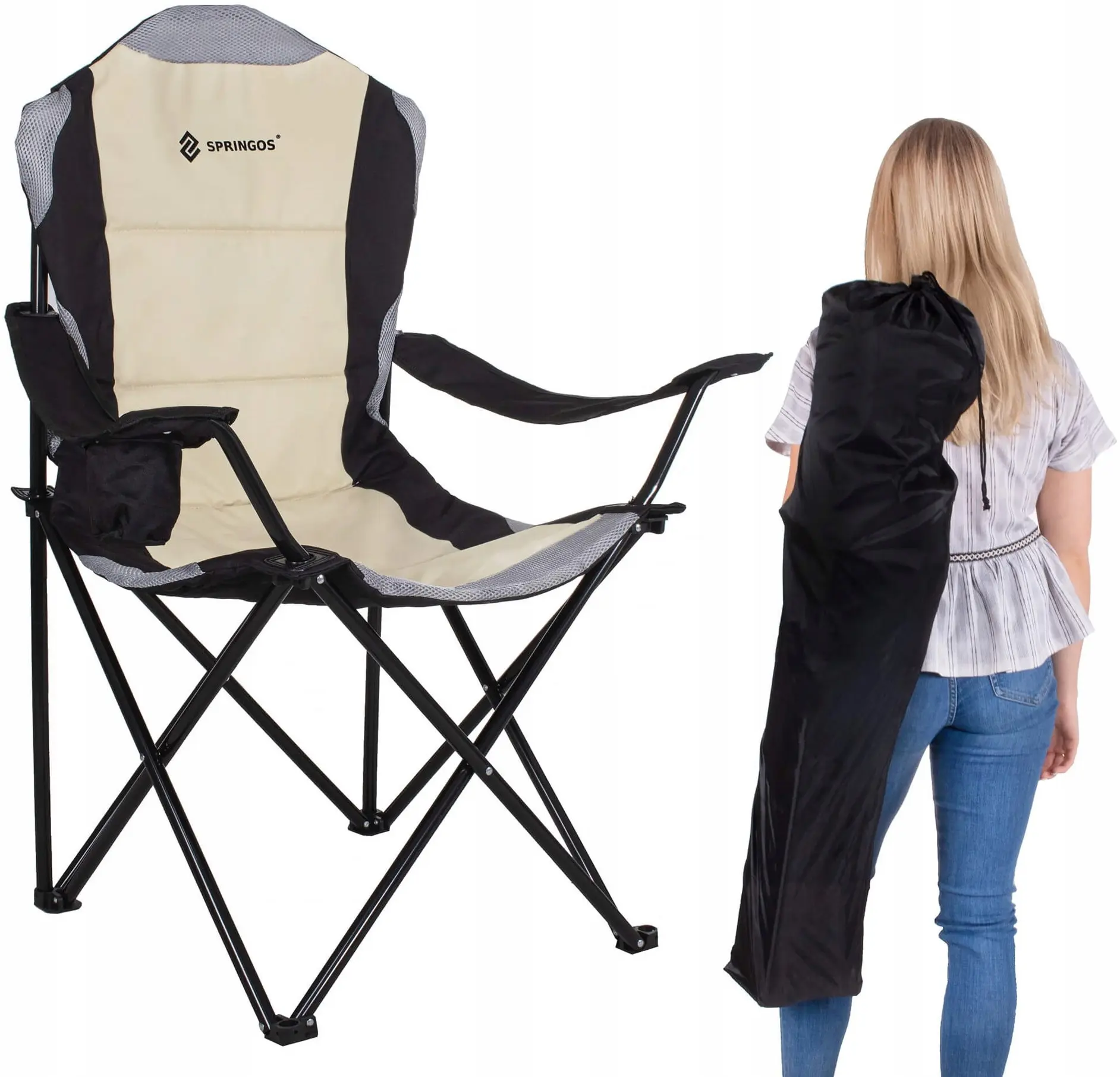 Scaun pliabil Springos Costa Premium XXL CS0005 (Beige/Black) - 9