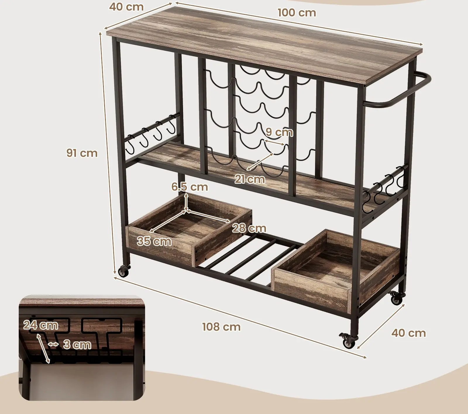 Carucior de servire Costway JV11558GR (Rustic Brown/Vintage Brown)
