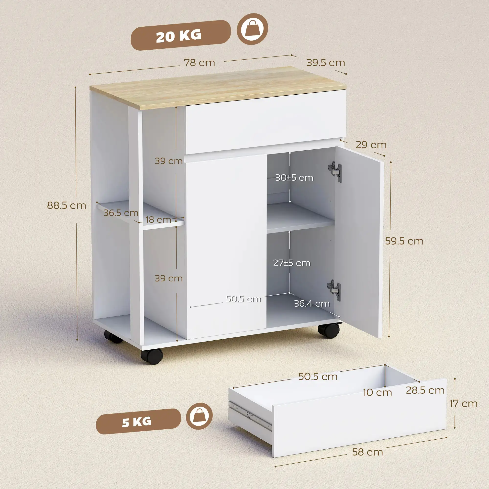Сервировочная тележка Homcom 801-078V00WT (White/Oak) - 5