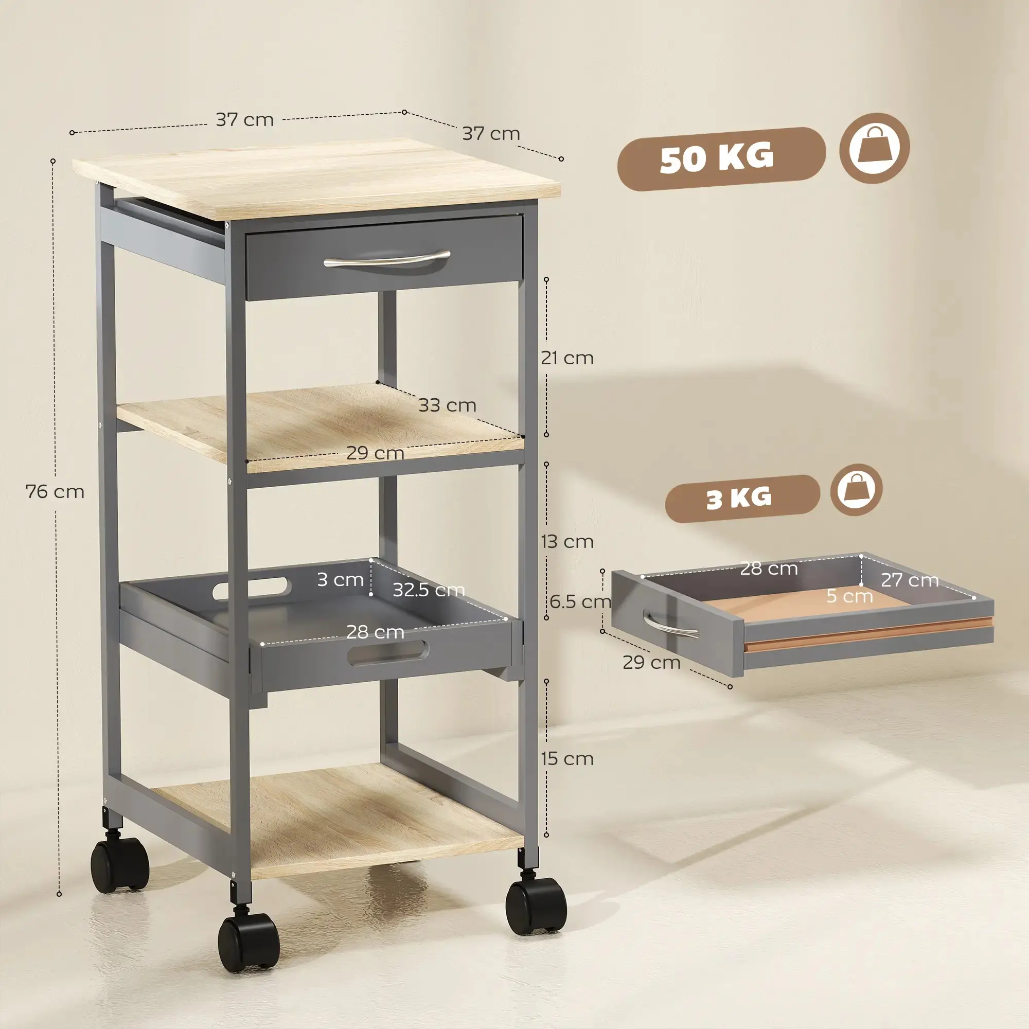 Carucior de servire Homcom 801-127 (Grey/Oak) - 3