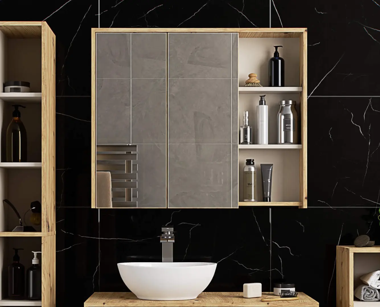 Dulap cu oglinda Akord Vami W90 2D3P (Artisan Oak/Cashmere)