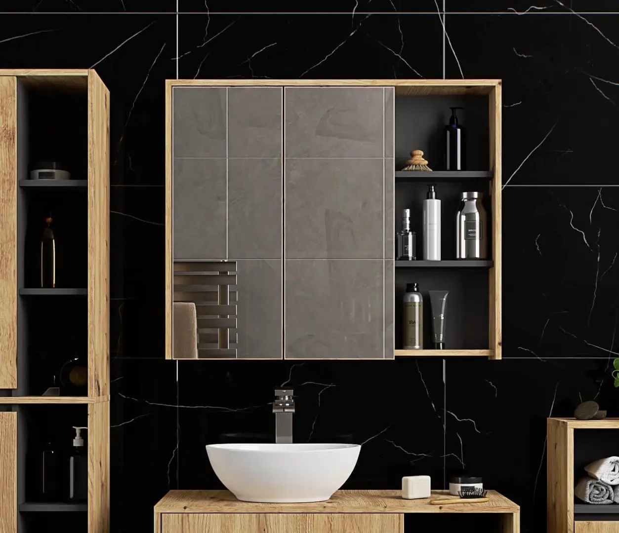 Dulap cu oglinda Akord Vami W90 2D3P (Artisan Oak/Graphite Grey)