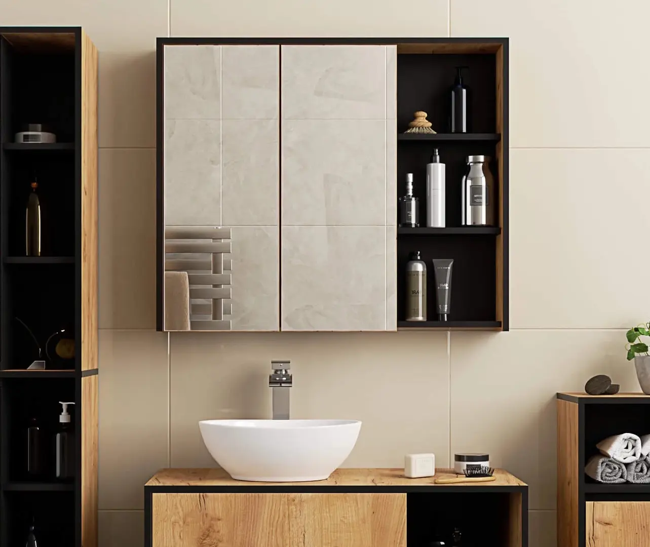 Dulap cu oglinda Akord Vami W90 2D3P (Craft Oak/Black)