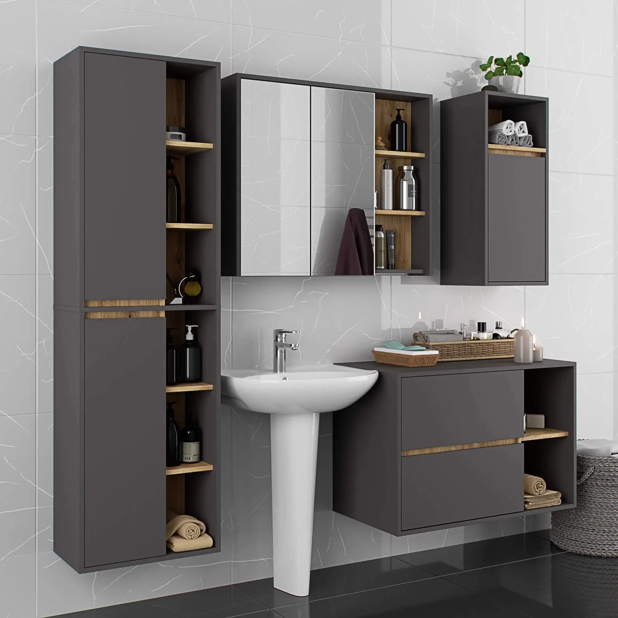 Dulap cu oglinda Akord Vami W90 2D3P (Graphite Grey/Artisan Oak)