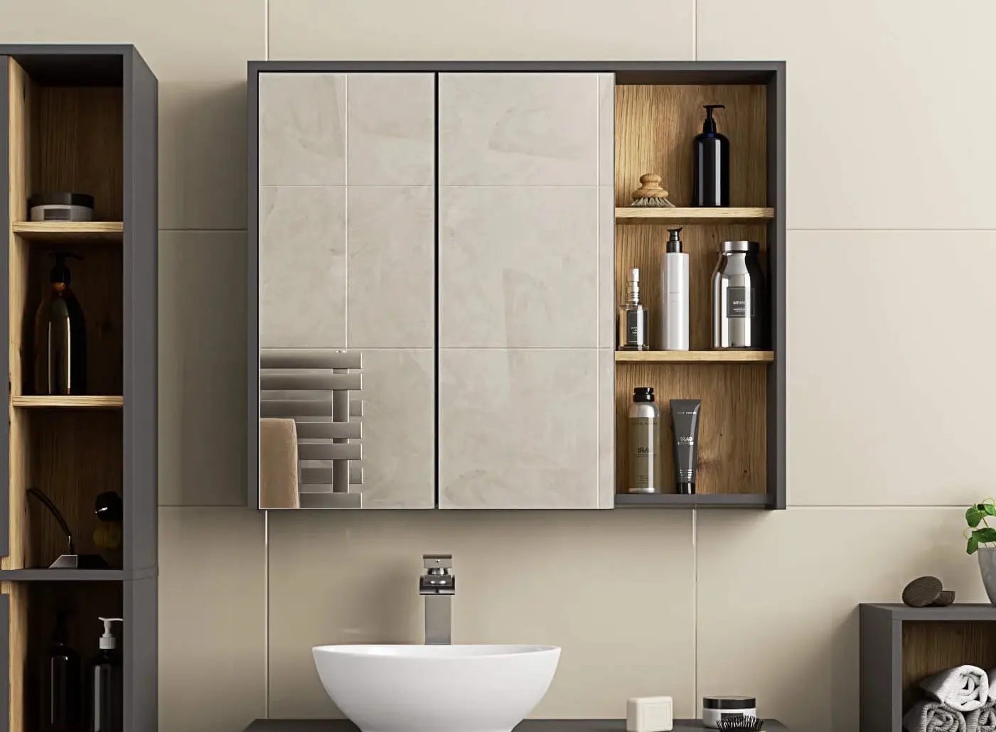 Dulap cu oglinda Akord Vami W90 2D3P (Graphite Grey/Artisan Oak)