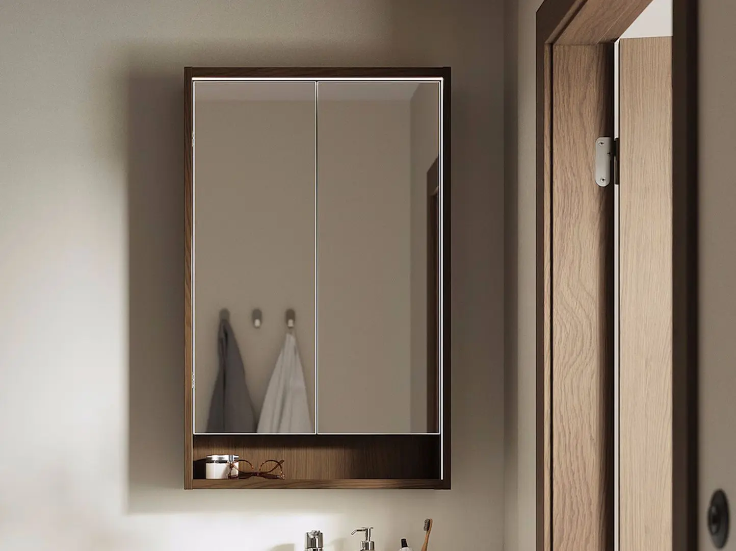 Шкаф с зеркалом Ikea Faxalven встроенное освещение 60x15x95 (Коричневый/Под Дуб)