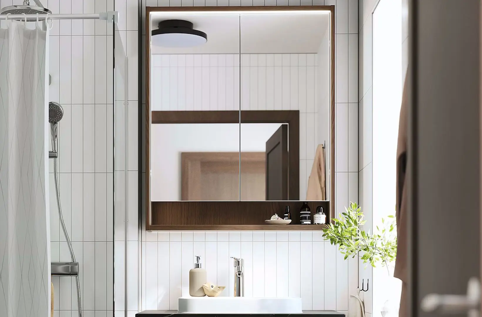 Dulap cu oglinda Ikea Faxalven iluminat integrat 80x15x95 (Maro/Aspect Stejar)