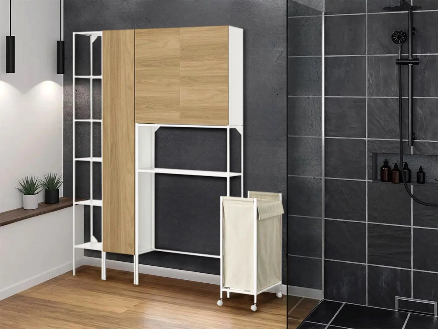 Шкаф Ikea Enhet 140x32x204 (Белый/Под Дуб)