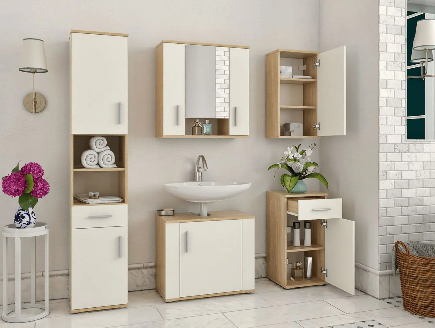 Dulap cu oglinda Tempo Kondela Lessy New 01 (Sonoma Oak/White Matt)