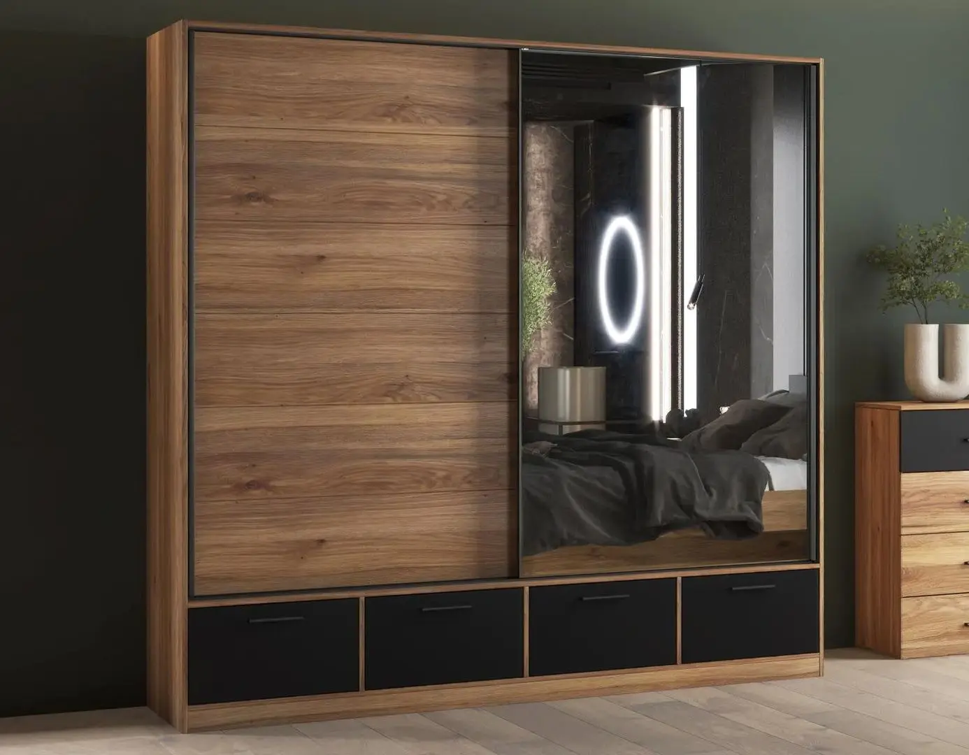 Dulap-cupe Helvetia Beta 22MW1663 oglinda/sertare (Mauvella Oak/Black)