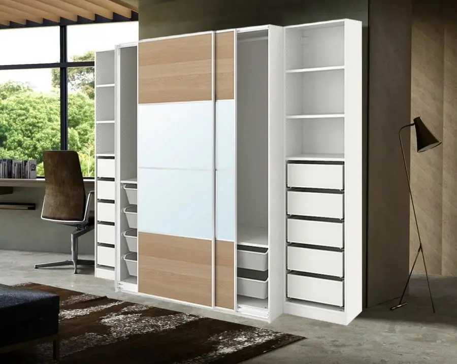 Dulap combinat Ikea Pax/Mehamn/Auli 250x66x201 (Alb/Aspect Stejar Antichizat/Oglinda)