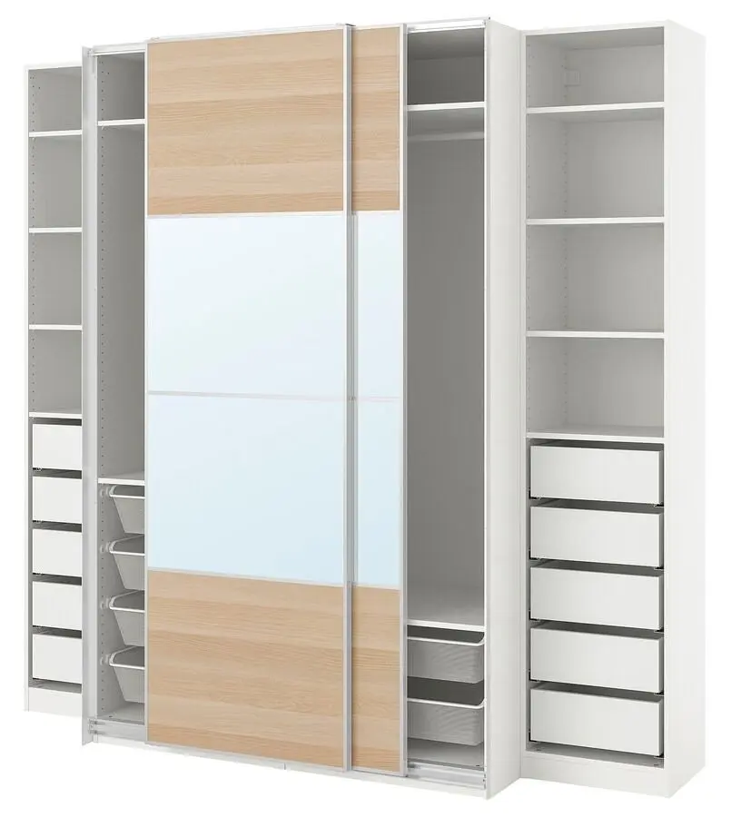 Шкаф комбинированный Ikea Pax/Mehamn/Auli 250x66x236 Под Беленый Дуб/Белый/Зеркало)