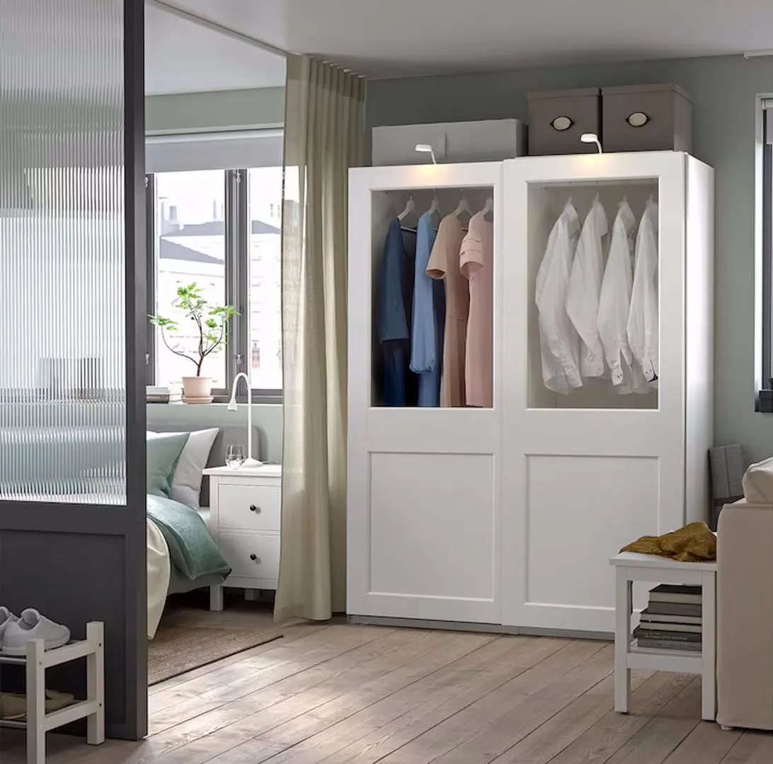 Dulap-cupe Ikea Pax/Grimo 3 rafturi/bare/cosuri/sticla transparenta 150x66x201 (Alb)