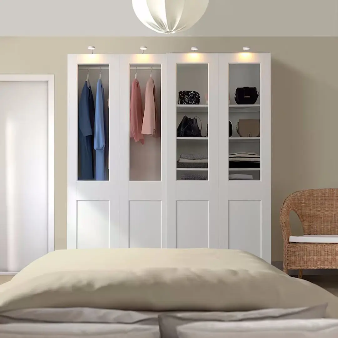 Dulap-cupe Ikea Pax/Grimo rafturi/bara/3 cosuri/sticla transparenta 200x66x201 (Alb)