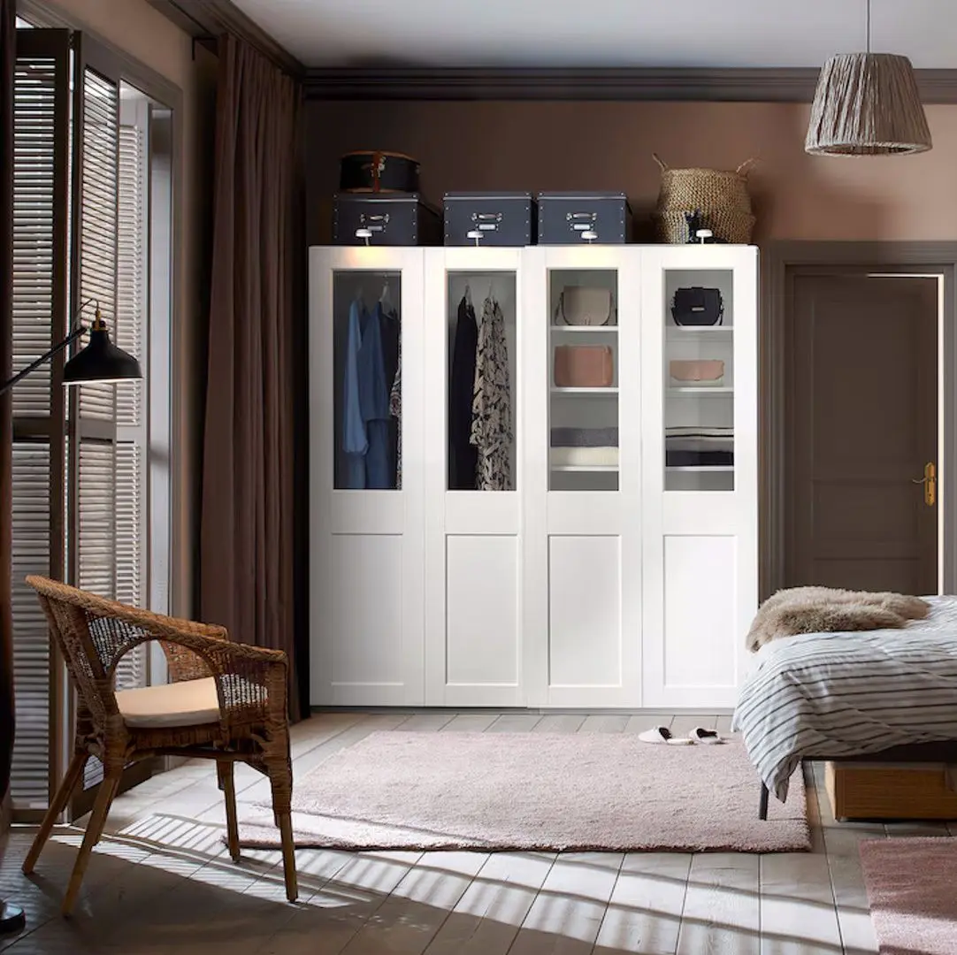 Dulap-cupe Ikea Pax/Grimo rafturi/bara/3 cosuri/sticla transparenta 200x66x201 (Alb)