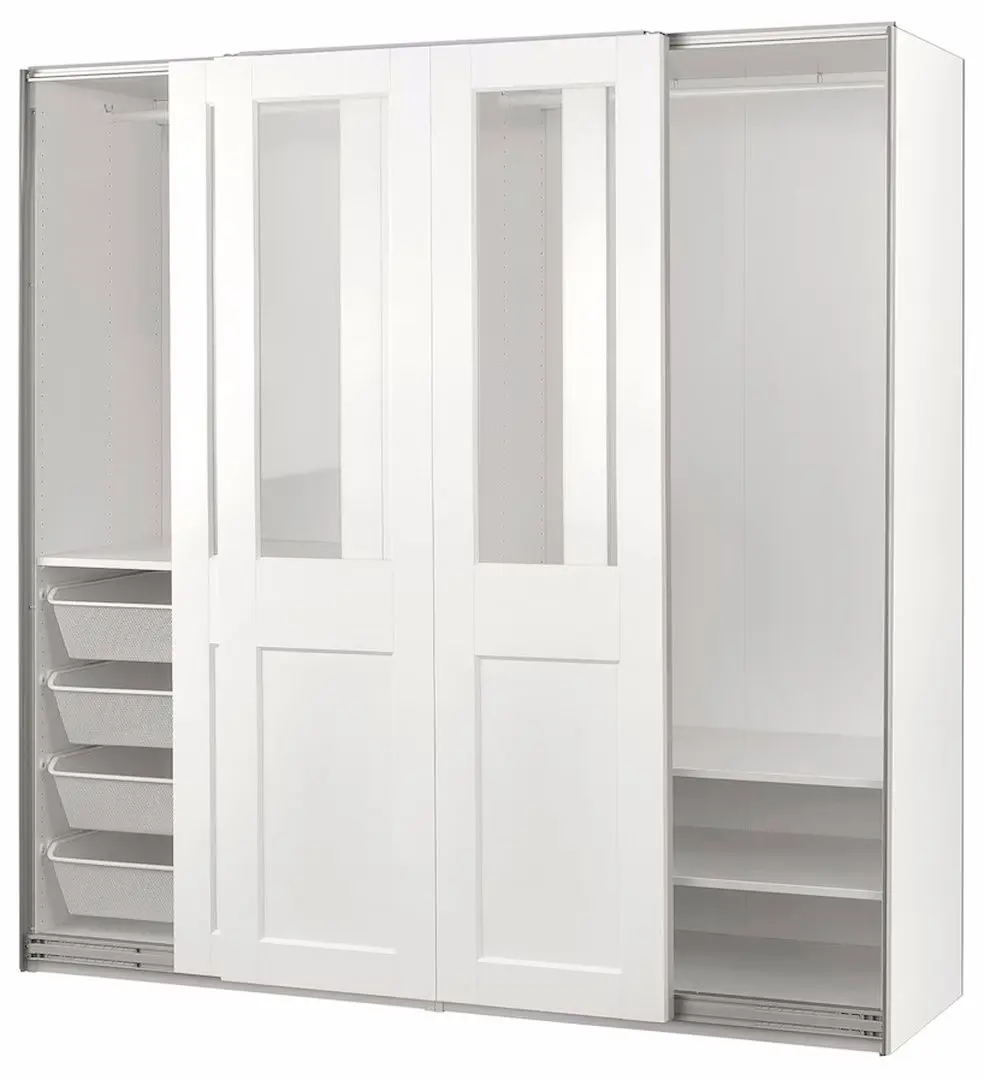 Dulap-cupe Ikea Pax/Grimo rafturi/bara/4 cosuri/sticla transparenta 200x66x201 (Alb)