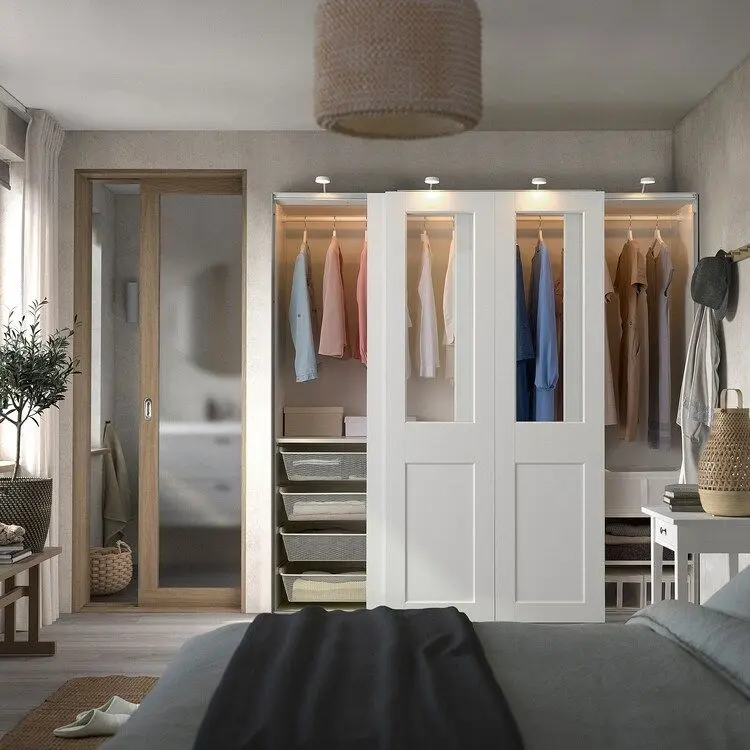 Dulap-cupe Ikea Pax/Grimo rafturi/bara/4 cosuri/sticla transparenta 200x66x201 (Alb)