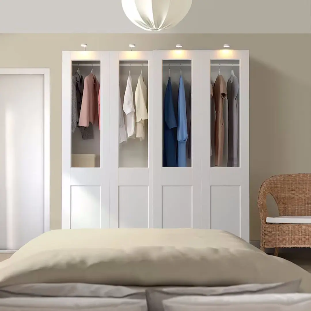 Dulap-cupe Ikea Pax/Grimo rafturi/bara/4 cosuri/sticla transparenta 200x66x201 (Alb)