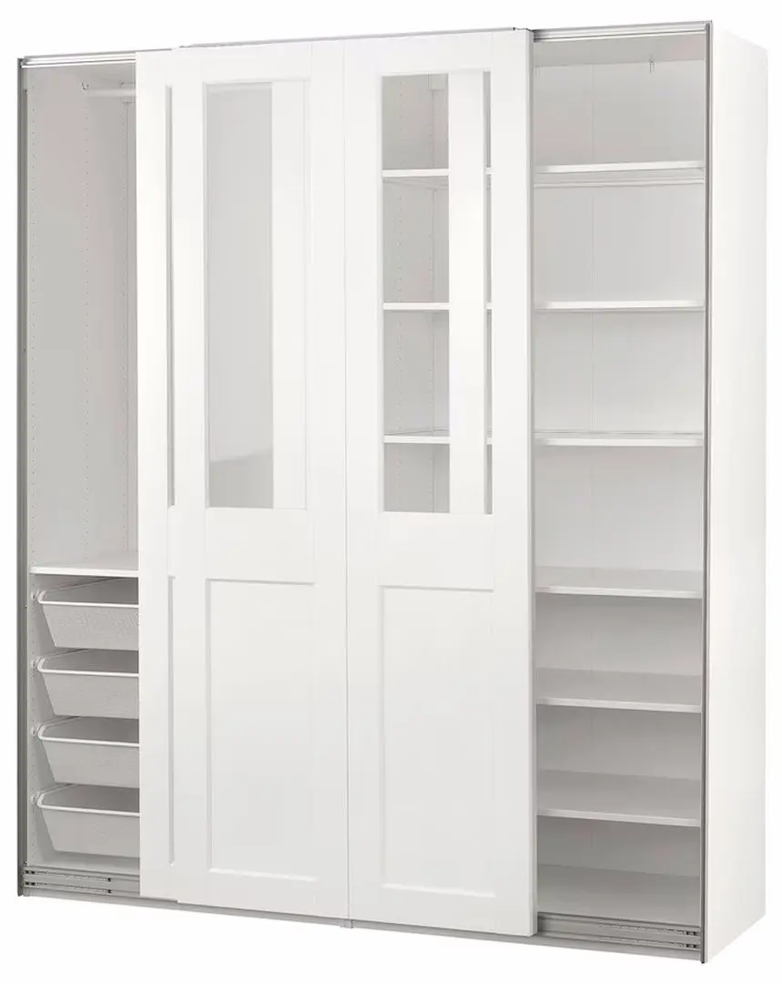 Dulap-cupe Ikea Pax/Grimo rafturi/bara/cosuri/sticla transparenta 200x66x236 (Alb)