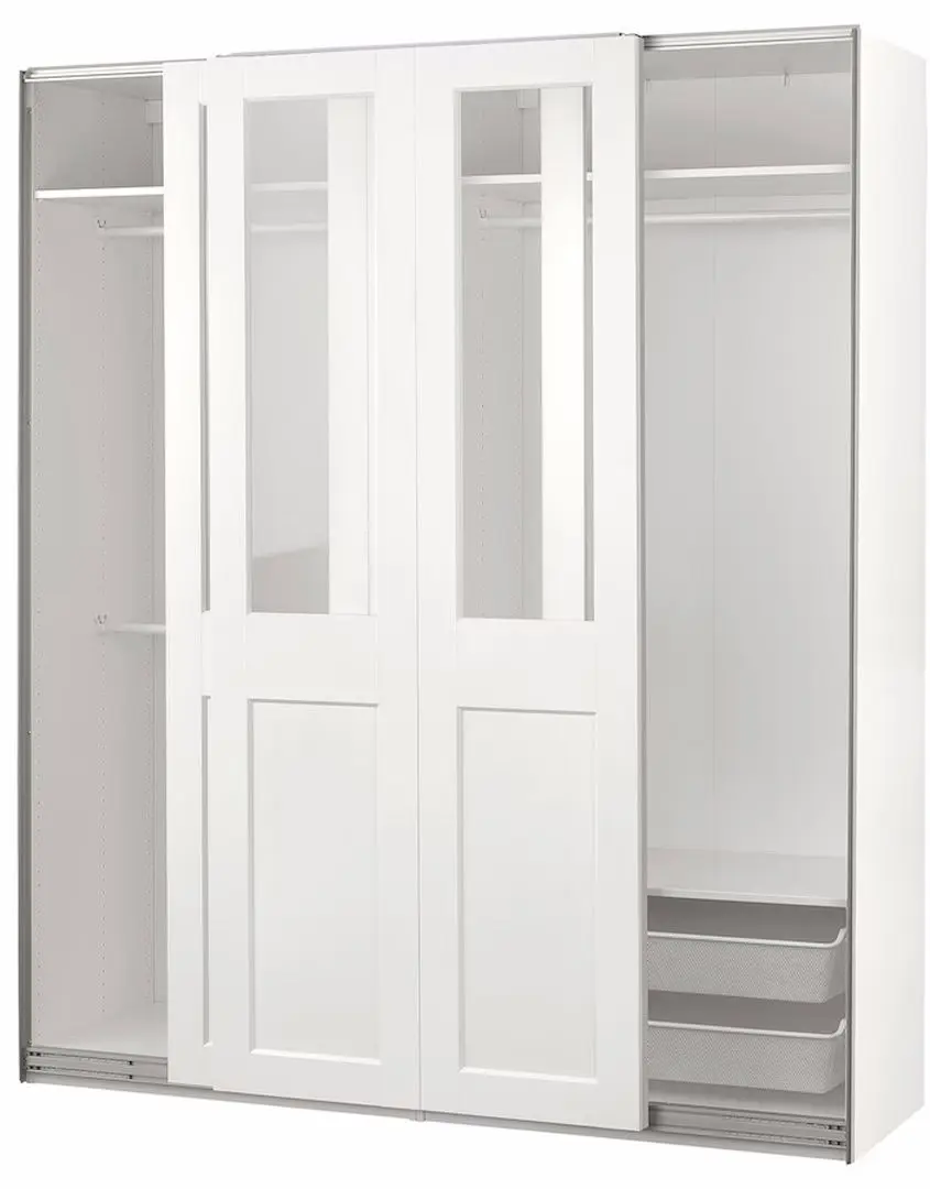 Шкаф-купе Ikea Pax/Grimo полки/штанги/2 корзины/прозрачное стекло 200x66x236 (Белый