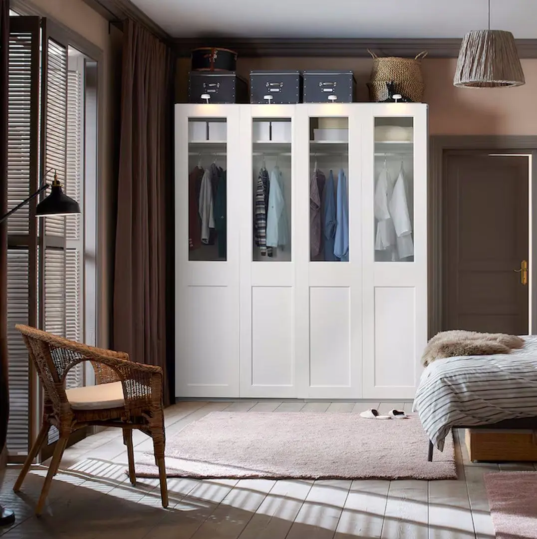 Шкаф-купе Ikea Pax/Grimo полки/штанги/2 корзины/прозрачное стекло 200x66x236 (Белый