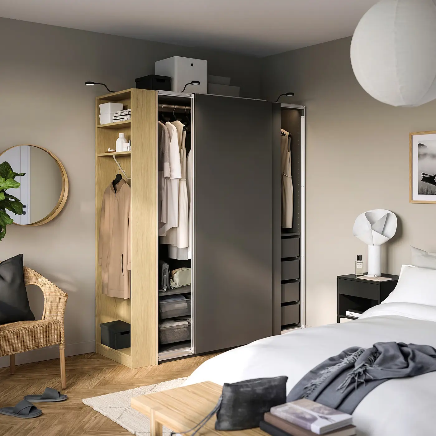 Шкаф-купе Ikea Pax/Hasvik полки/штанги/ящики/корзины/стеллаж 170x66x201 (Тёмно-серый/Имитация Дуба) - 2