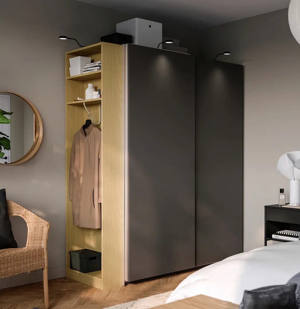 Шкаф-купе Ikea Pax/Hasvik полки/штанги/ящики/корзины/стеллаж 170x66x201 (Тёмно-серый/Имитация Дуба)