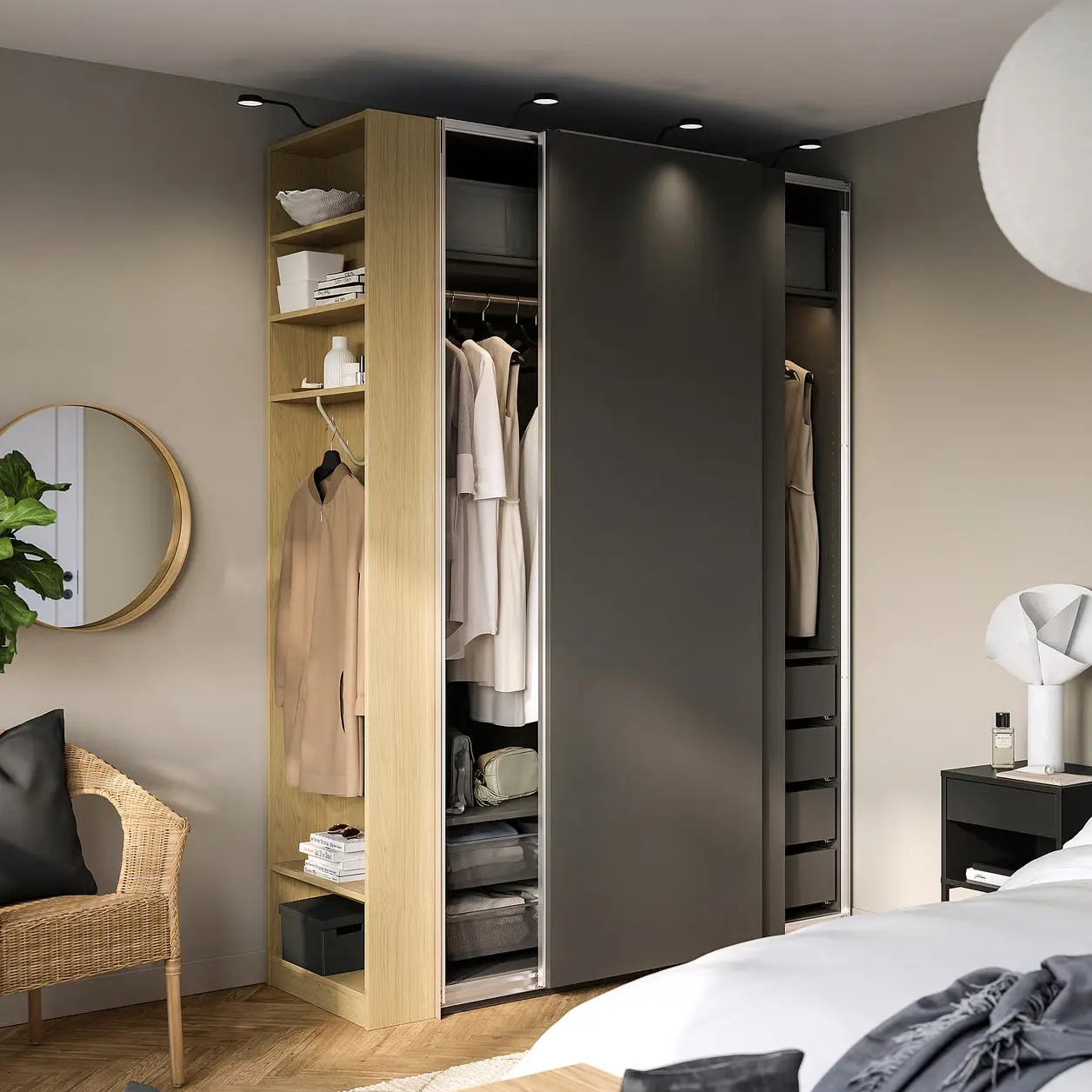 Шкаф-купе Ikea Pax/Hasvik полки/штанги/ящики/корзины/стеллаж 170x66x236 (Тёмно-серый/Имитация Дуба) - 2