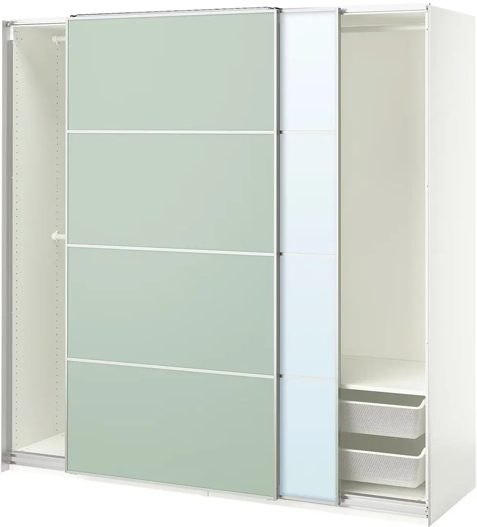 Dulap-cupe Ikea Pax/Mehamn/Auli raft/bare/cosuri/oglinda 200x66x201 (Alb/Verde deschis)