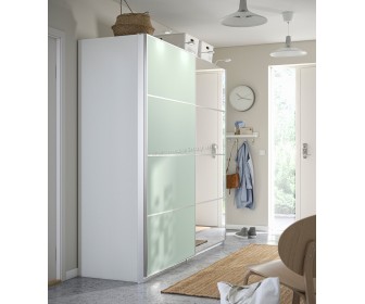 Шкаф-купе Ikea Pax/Mehamn/Auli полка/штанги/корзины/зеркало 200x66x201 (Белый/Светло-зелёный)