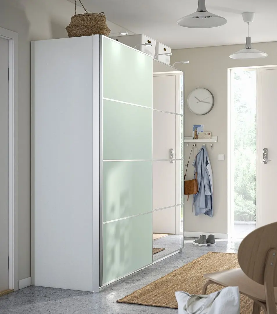 Dulap-cupe Ikea Pax/Mehamn/Auli raft/bare/cosuri/oglinda 200x66x201 (Alb/Verde deschis)