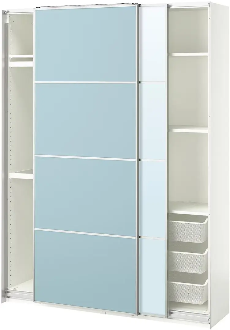 Dulap-cupe Ikea Pax/Mehamn/Auli rafturi/bare/cosuri/oglinda 150x44x201 (Alb/Bleu)