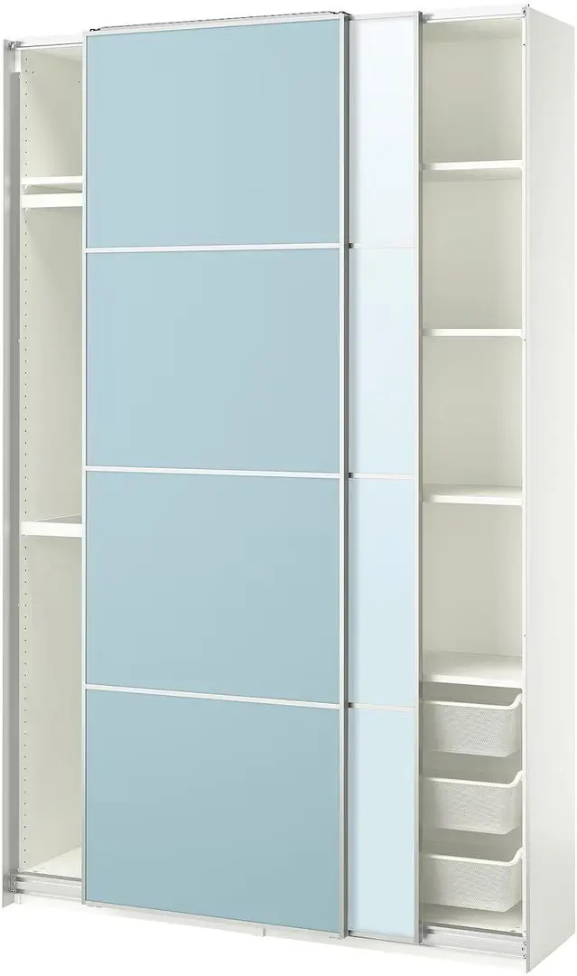 Dulap-cupe Ikea Pax/Mehamn/Auli rafturi/bare/cosuri/oglinda 150x44x236 (Alb/Bleu)