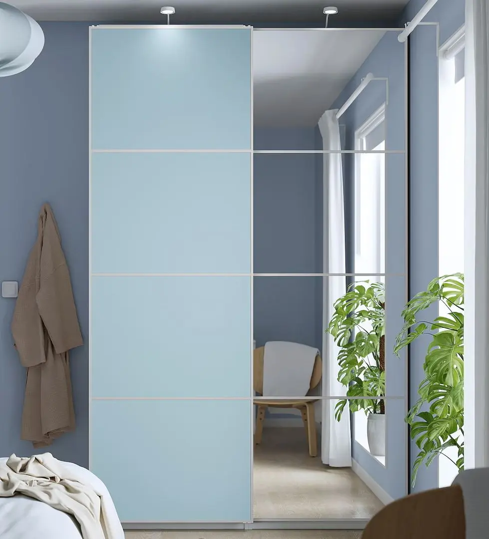 Dulap-cupe Ikea Pax/Mehamn/Auli rafturi/bare/cosuri/oglinda 150x44x236 (Alb/Bleu)