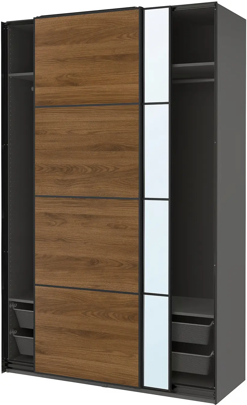 Шкаф-купе Ikea Pax/Mehamn/Auli полки/штанги/корзины/зеркало 150x66x236 (Тёмно-серый/Чёрный/Имитация ореха) - 3
