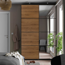 Шкаф-купе Ikea Pax/Mehamn/Auli полки/штанги/корзины/зеркало 150x66x236 (Тёмно-серый/Чёрный/Имитация ореха)