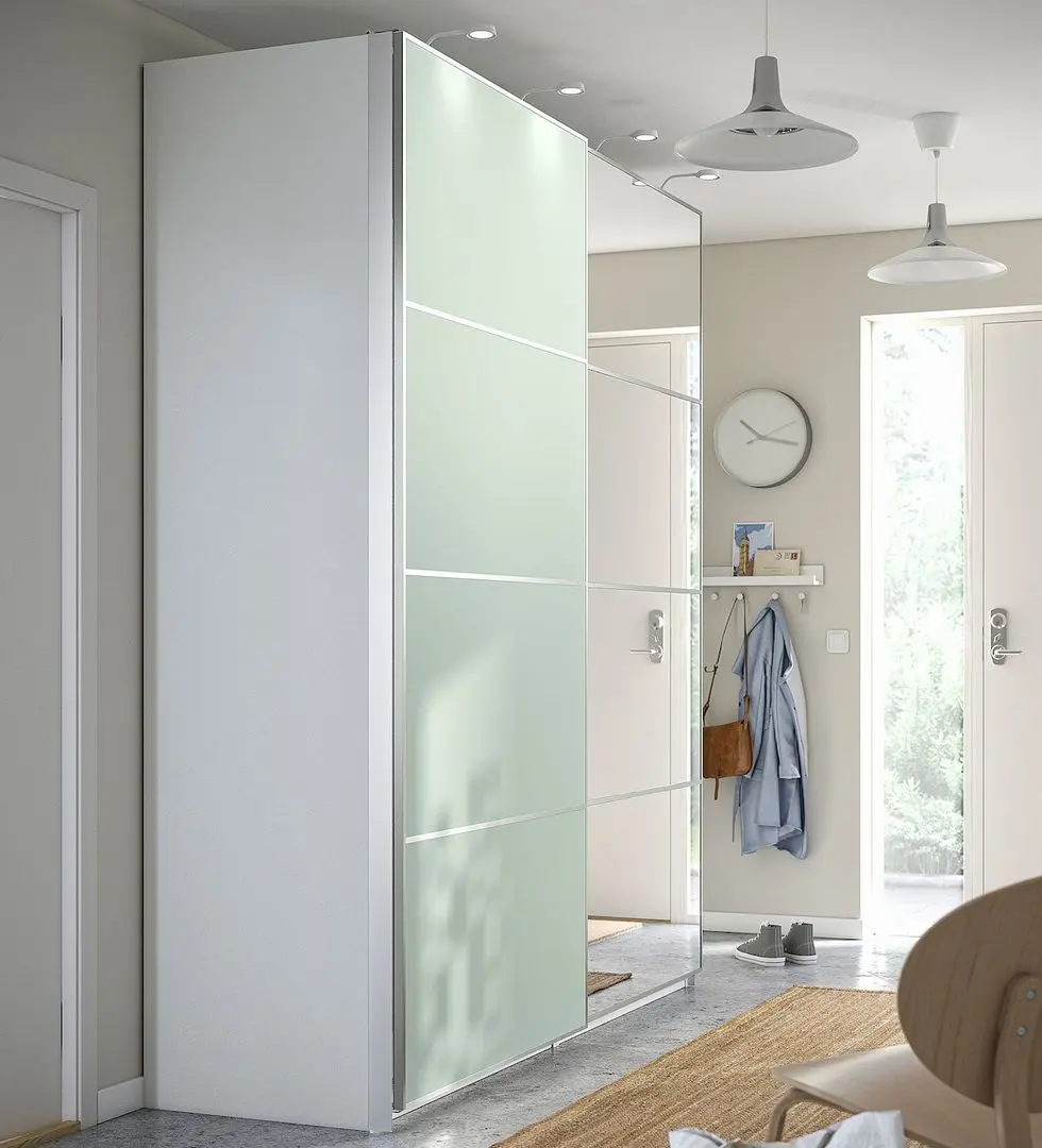 Dulap-cupe Ikea Pax/Mehamn/Auli rafturi/bare/cosuri/oglinda 200x66x236 (Alb/Verde deschis)