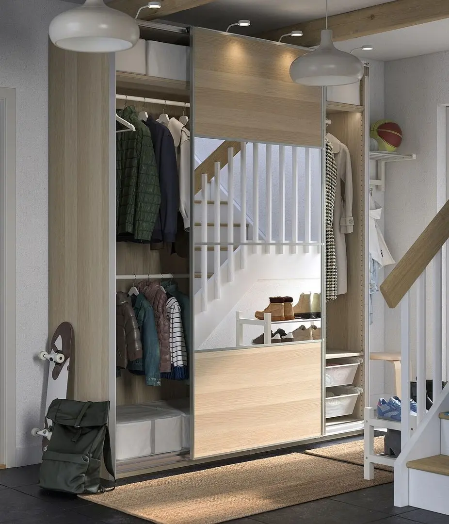 Dulap-cupe Ikea Pax/Mehamn/Auli rafturi/bare/cosuri/oglinda 200x66x236 (Aspect Stejar Antichizat)