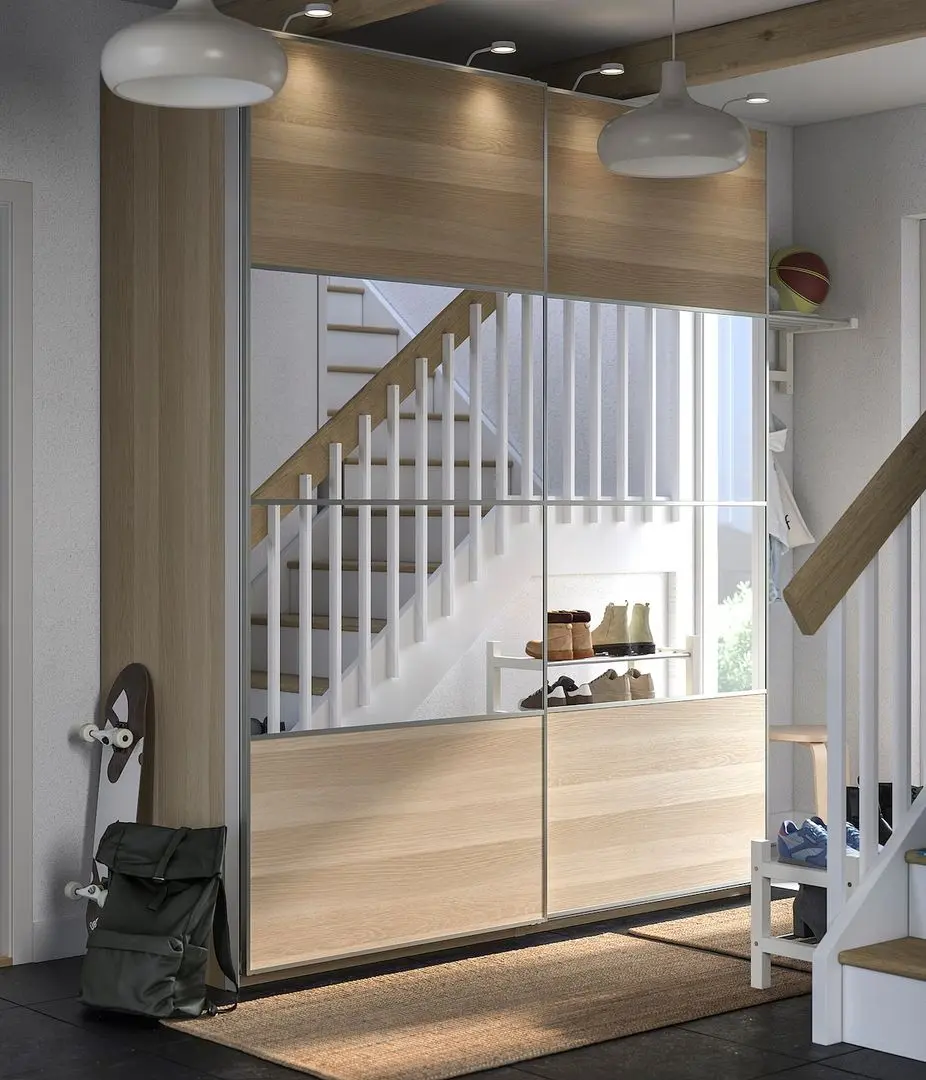 Dulap-cupe Ikea Pax/Mehamn/Auli rafturi/bare/cosuri/oglinda 200x66x236 (Aspect Stejar Antichizat)