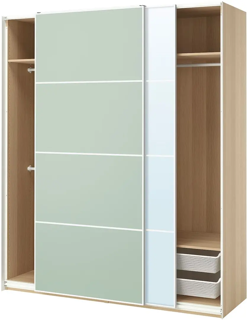 Dulap-cupe Ikea Pax/Mehamn/Auli rafturi/bare/cosuri/oglinda 200x66x236 (Aspect Stejar Antichizat/Verde deschis)