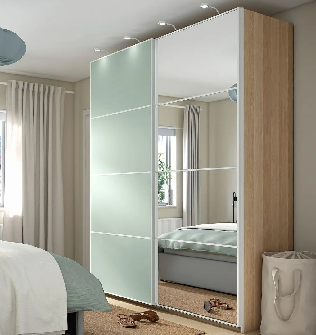 Dulap-cupe Ikea Pax/Mehamn/Auli rafturi/bare/cosuri/oglinda 200x66x236 (Aspect Stejar Antichizat/Verde deschis)