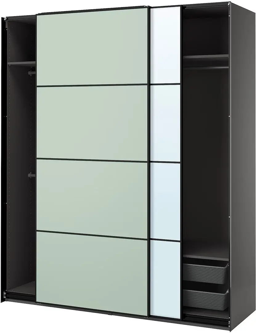 Dulap-cupe Ikea Pax/Mehamn/Auli rafturi/bare/cosuri/oglinda 200x66x236 (Gri inchis/Verde deschis)