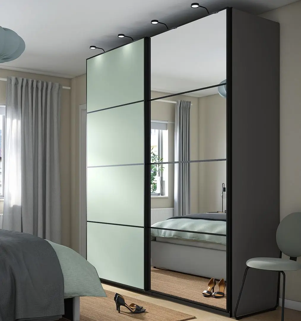 Dulap-cupe Ikea Pax/Mehamn/Auli rafturi/bare/cosuri/oglinda 200x66x236 (Gri inchis/Verde deschis)