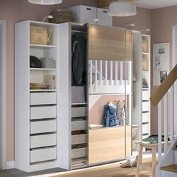 Dulap-cupe Ikea Pax/Mehamn/Auli rafturi/bare/sertare/cosuri/oglinda 250x66x201 (Alb/Aspect Stejar Antichizat) Thumb