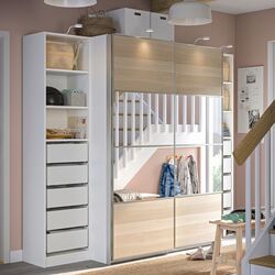 Dulap-cupe Ikea Pax/Mehamn/Auli rafturi/bare/sertare/cosuri/oglinda 250x66x201 (Alb/Aspect Stejar Antichizat)