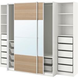 Dulap-cupe Ikea Pax/Mehamn/Auli rafturi/bare/sertare/cosuri/oglinda 250x66x201 (Alb/Aspect Stejar Antichizat) Thumb