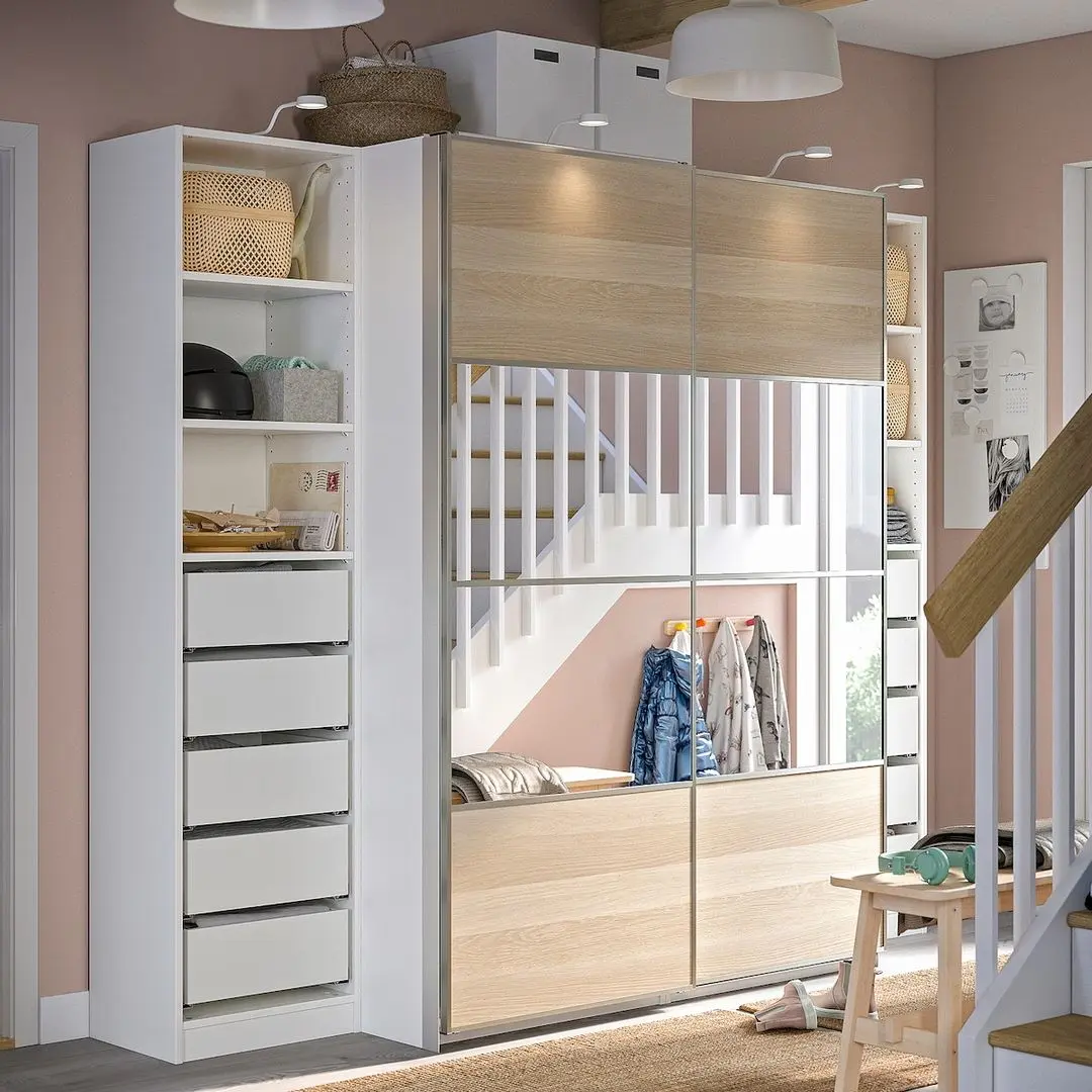 Dulap-cupe Ikea Pax/Mehamn/Auli rafturi/bare/sertare/cosuri/oglinda 250x66x201 (Alb/Aspect Stejar Antichizat)